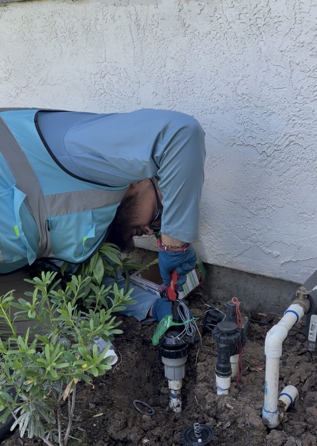 Wiring irrigation valves during a new sprinkler system install in Vacaville CA