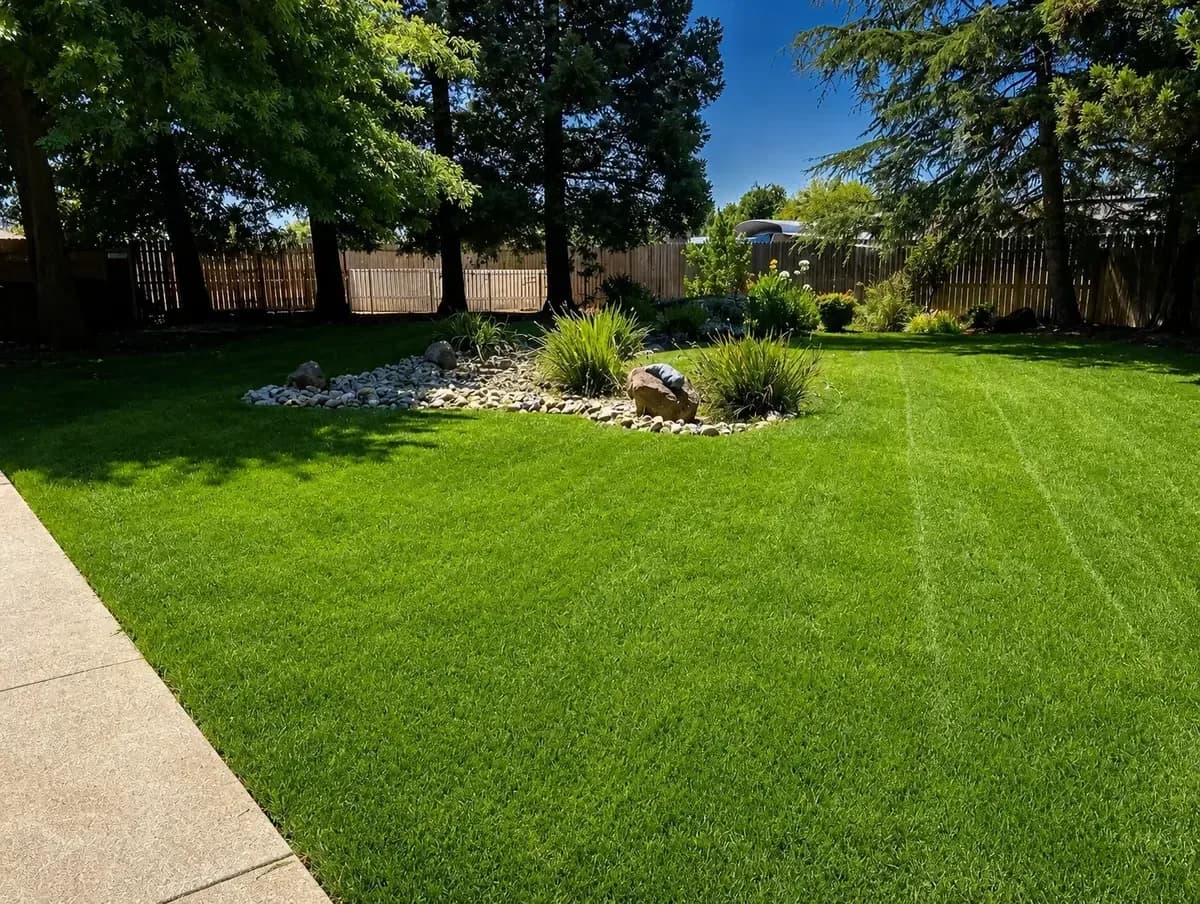 Freshly mowed residential lawn with clean mow lines and edged borders in Solano County California