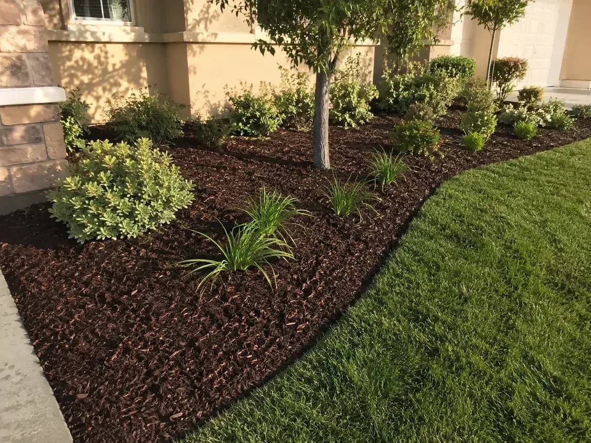 Fresh dark brown mulch around ornamental plants in a California residential yard