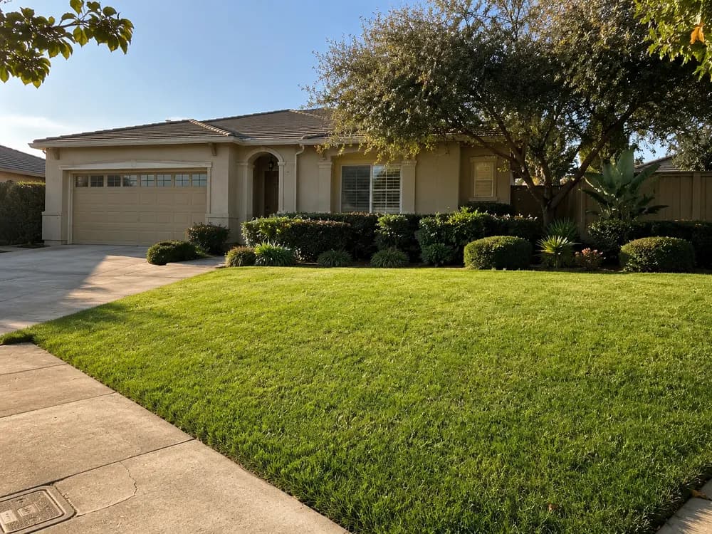 Residential front yard with neatly maintained shrubs, hedges, and a mature shade tree