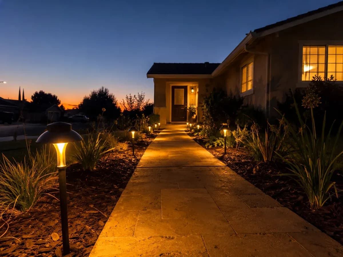 Residential walkway lit with warm amber landscape lights at dusk in Solano County California