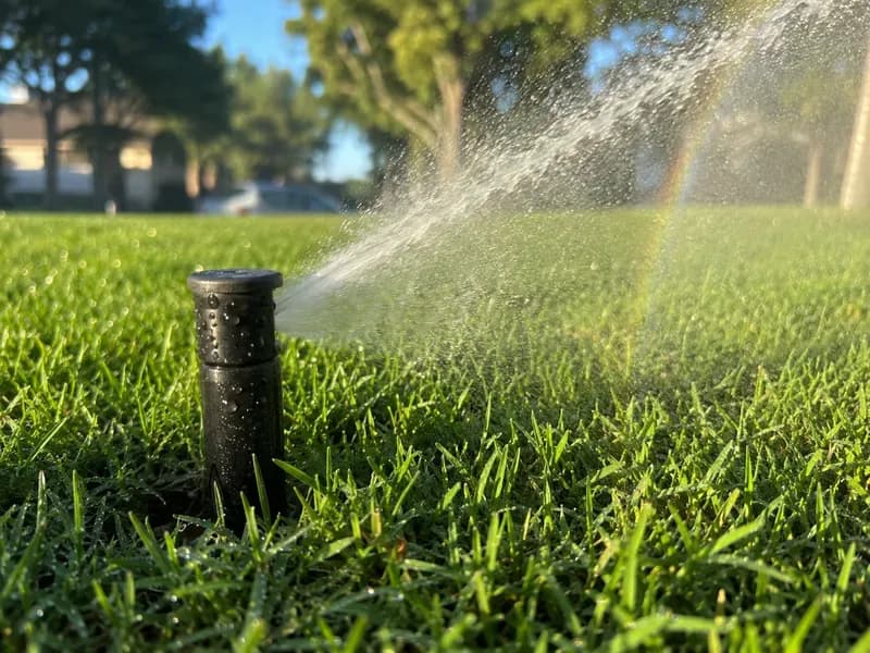 Sprinkler head watering green residential grass in California